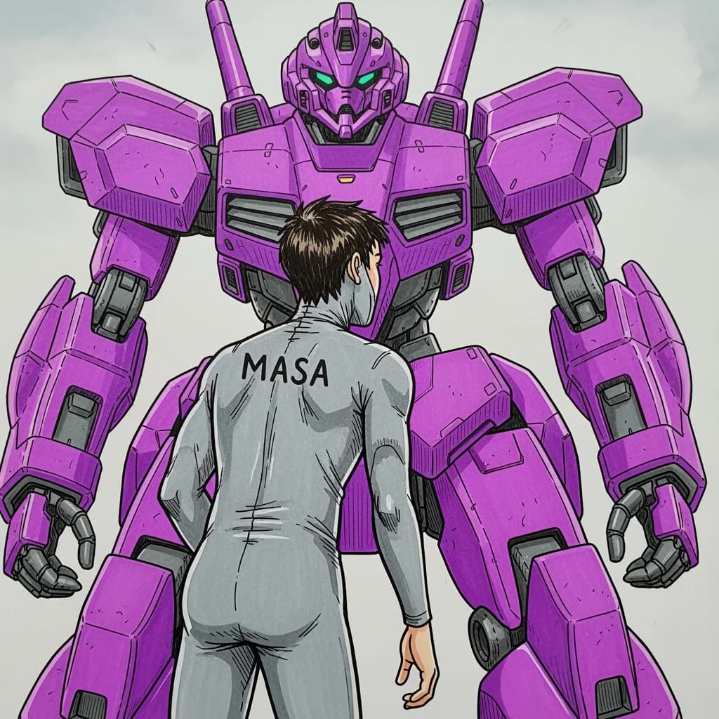 Clad in his body suit up to the neck, young Masa nervously approaches the towering mech with his back facing us. He is nervous for his first time in the field. The mech's bright purple colour scheme contrasts with the grey body suit. The scale of the mech dwarfs Masa. Hand drawn style