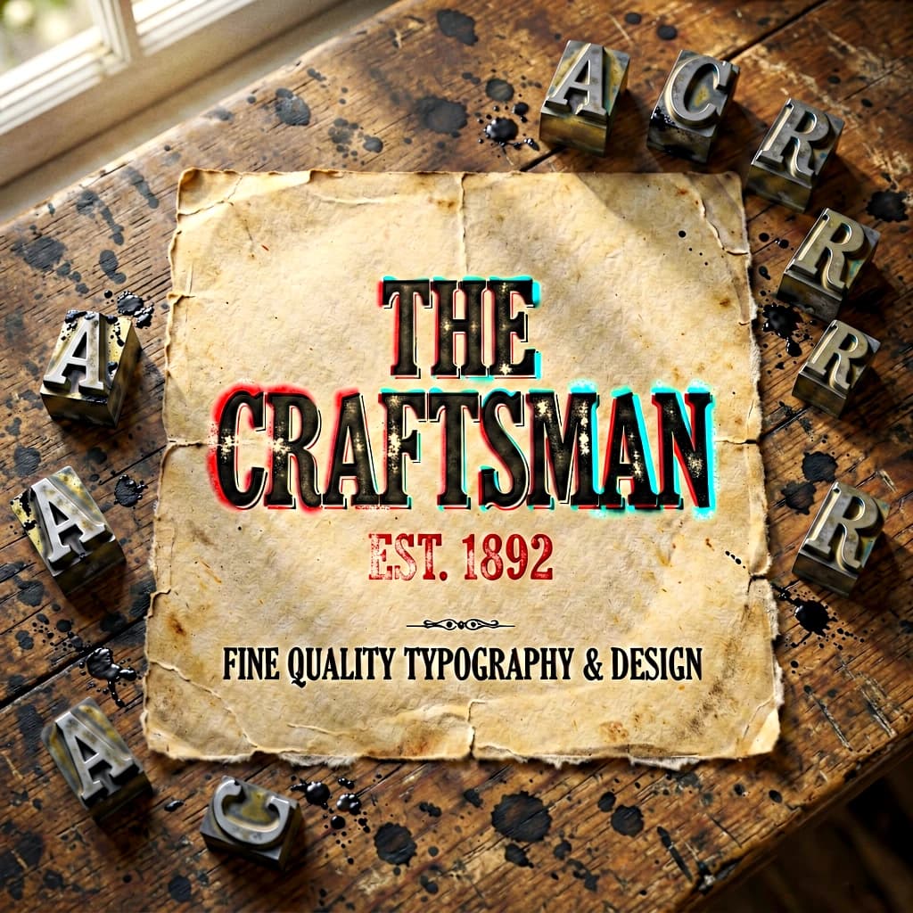 A vintage letterpress poster on a wooden desk: bold slab serif headline, tight kerning, misregistered ink, slightly worn edges, scattered metal type, soft window light.