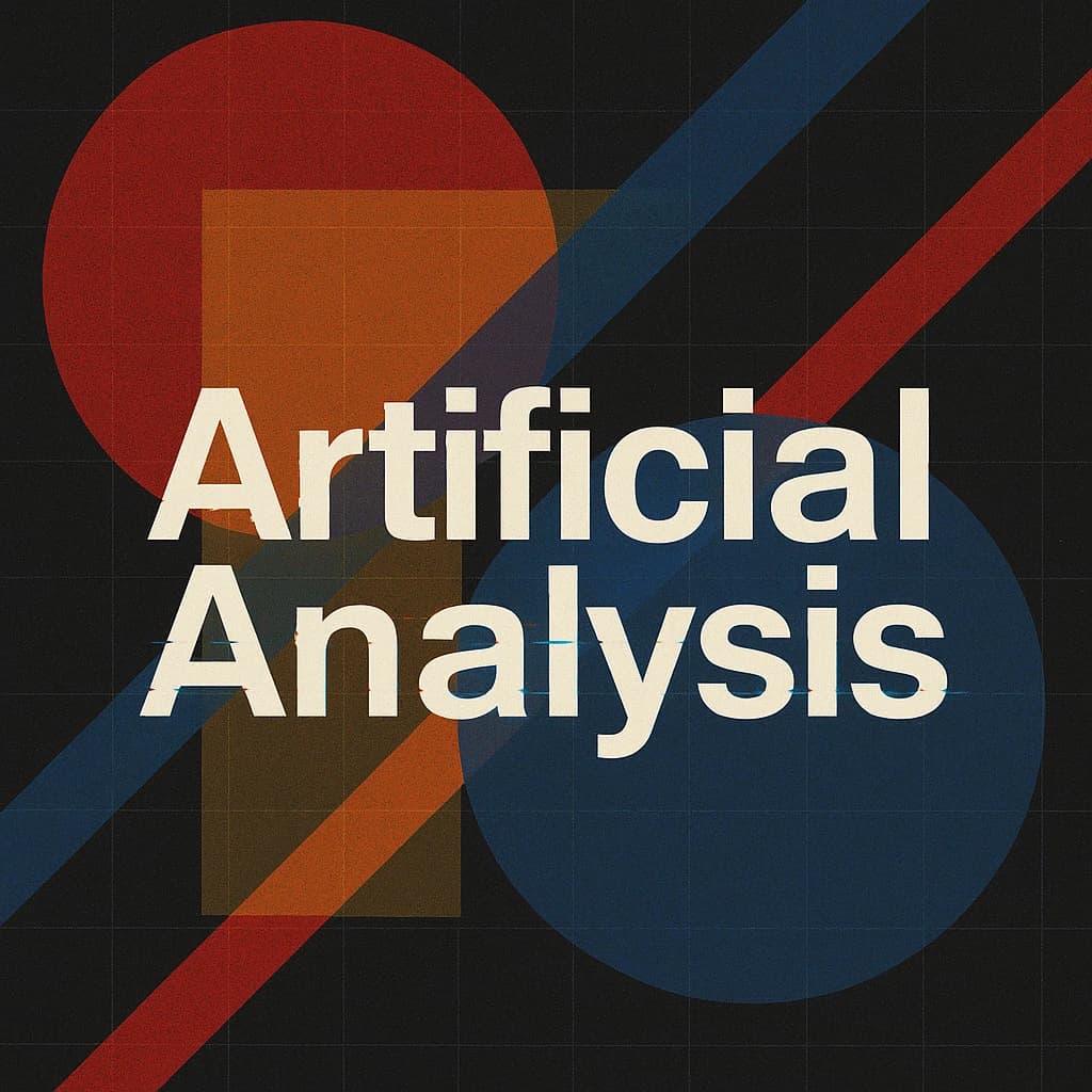 A bold poster composition dominated by flat geometric shapes in crimson, cobalt, and ochre. Overlapping circles and sharp diagonal lines create dynamic tension across the frame. A single sans-serif word — Artificial Analysis — stretches across the center in stark white, distorted slightly as though caught mid-glitch. The background is textured with halftone dots and faint grid lines, while subtle overlays of translucent rectangles suggest depth. Designed in the spirit of modernist Swiss typography fused with digital glitch aesthetics.