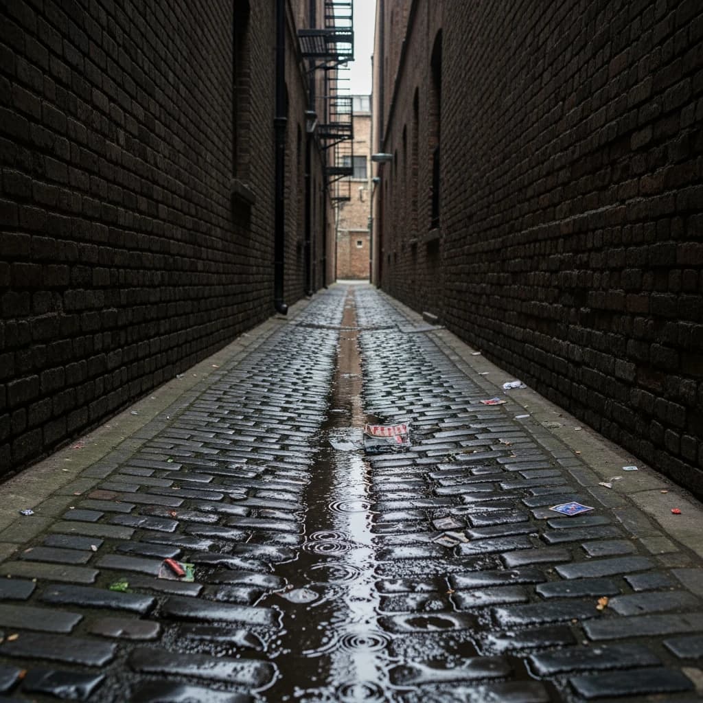 Show a narrow brick alley with wet cobblestones.
