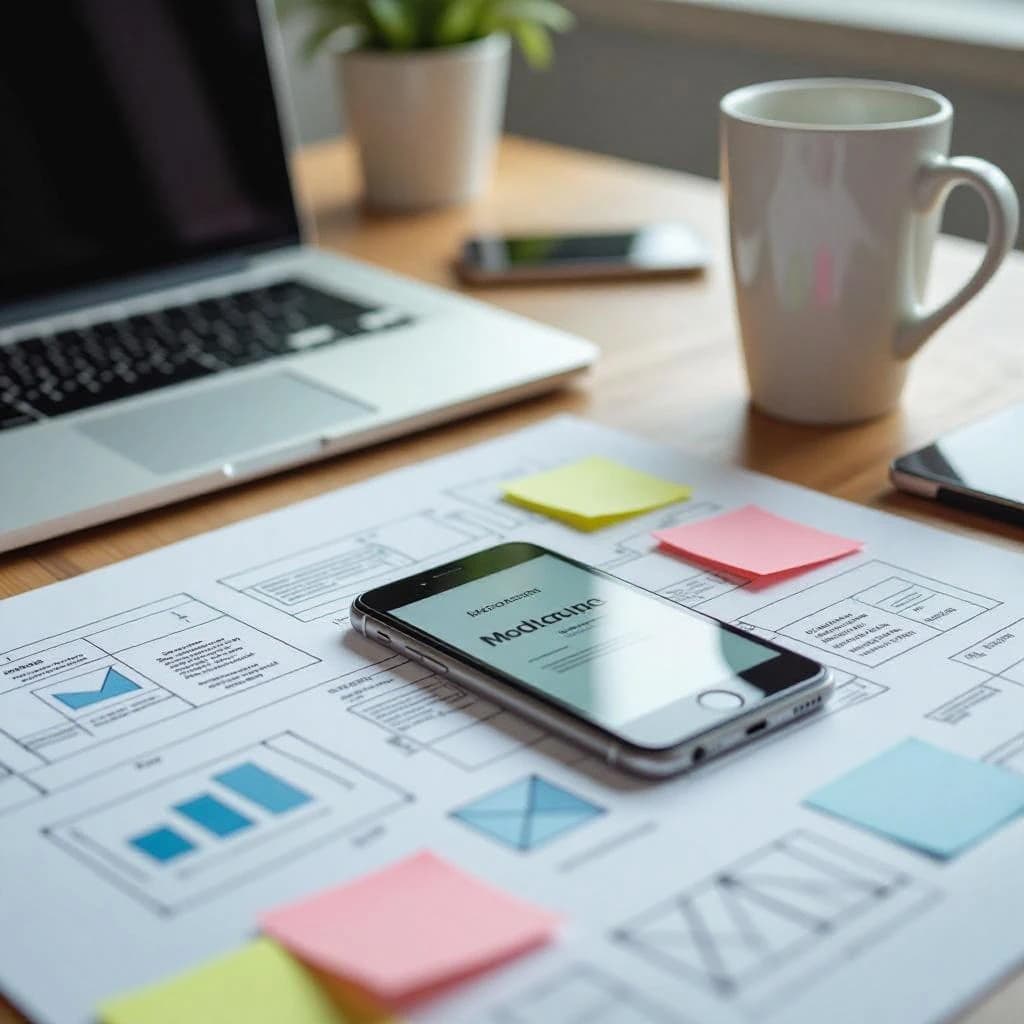 Close-up photo shows a messy desk, wireframes, sticky notes, mobile mockup, mug.