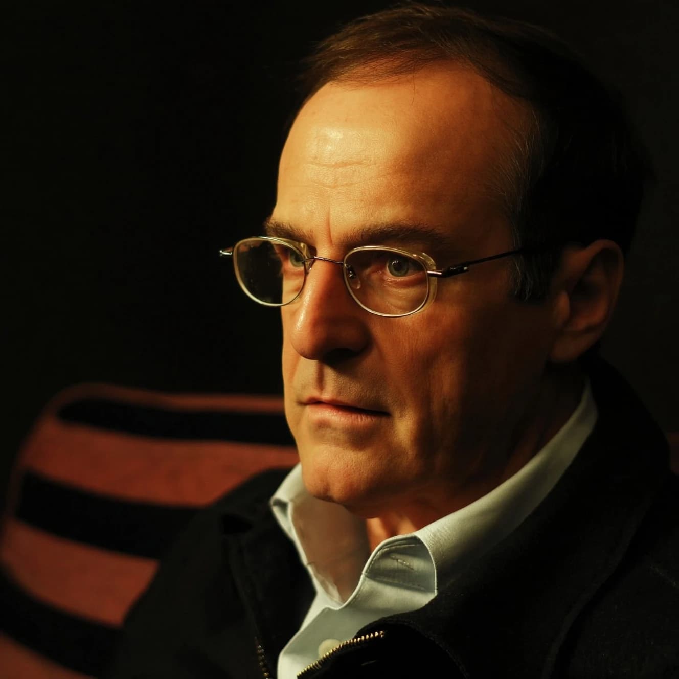 A sharply lit portrait of a middle-aged man wearing thin-rimmed glasses and a dark jacket over a white collared shirt. He gazes intently to the side, his face half illuminated by warm light while the background recedes into deep shadow. The expression is thoughtful, almost wary, as if caught mid-conversation. Behind him, a striped cushion in muted reds and blacks adds subtle texture, contrasting with the crisp highlights on his forehead and glasses. The overall mood is contemplative and cinematic, balancing warmth with tension.
