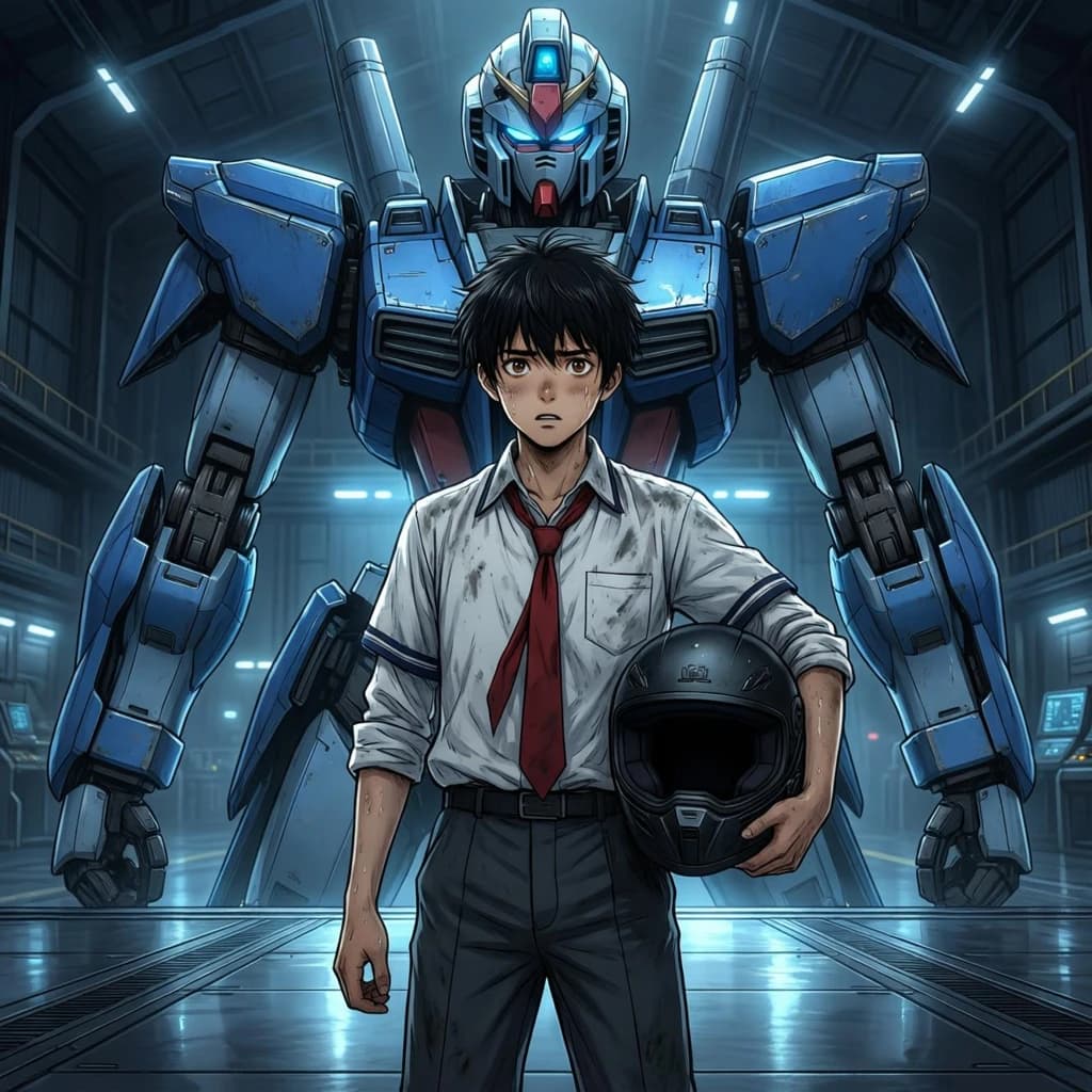 A teenage pilot grips his helmet under one arm, standing at the edge of a glowing hangar bay. Before him looms a sleek, steel-blue mech, its eyes lit with a cold electric glare. His school uniform is rumpled, a sharp contrast to the machine’s flawless plating. The vast scale engulfs him in shadow, emphasizing both awe and dread. Hand-drawn anime style.