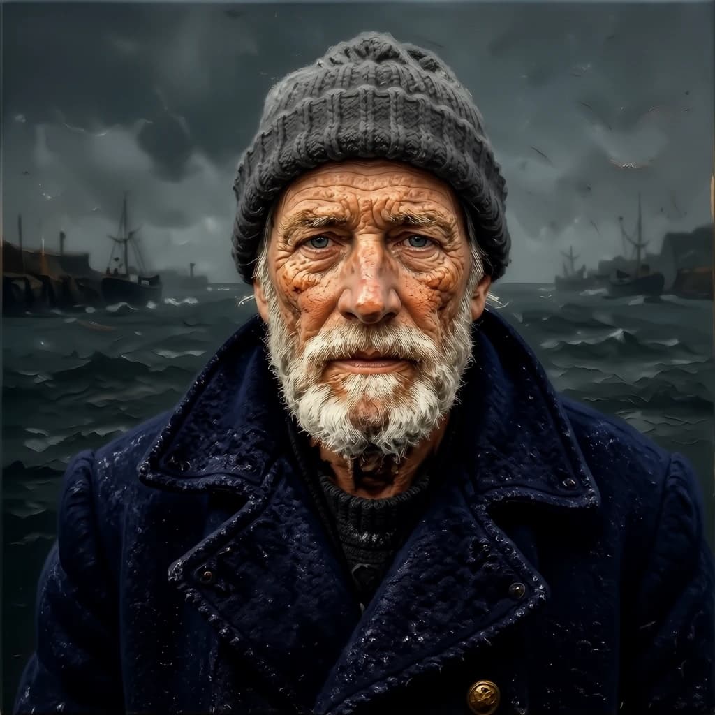 Oil on canvas portrait of an elderly sailor, weathered face, soft light.
