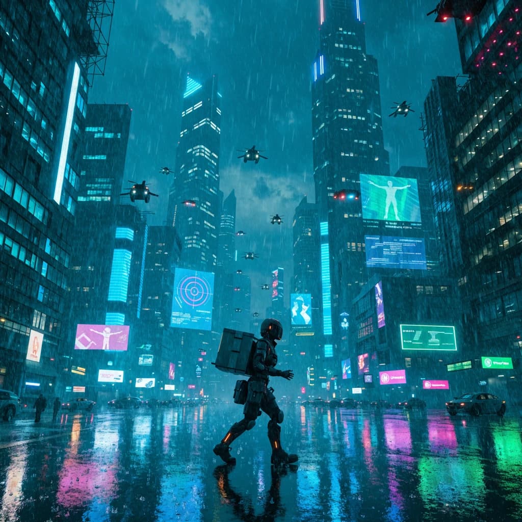 Rain-soaked neon megacity at night, flying taxis weave between glass towers, giant holograms flicker; a lone courier in a matte exosuit, somewhat cinematic wide angle.