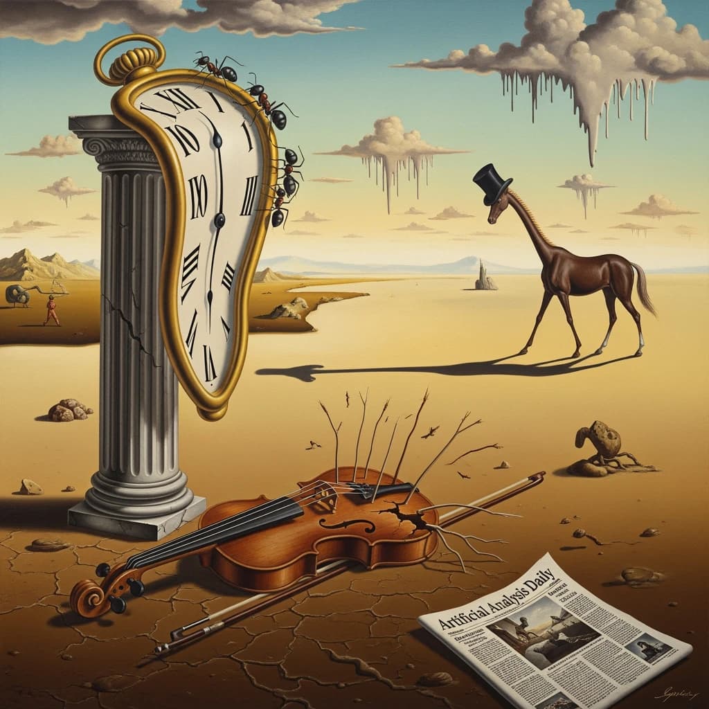 A vast desert plain stretches endlessly under a sky streaked with pale pink and ochre clouds. In the center stands a colossal clock, its face drooping and melting over the edge of a broken marble column. Ants swarm across its warped surface, glinting in the harsh sunlight. To the right, a horse with a giraffe like neck wearing a top hat strides toward the horizon, its shadow stretching miles across the sand. A cracked violin lies half-buried in the foreground, strings snapping outward like veins. Painted in the dreamlike surrealist style. A newspaper named the "Artificial Analysis Daily" lies on the Floor.