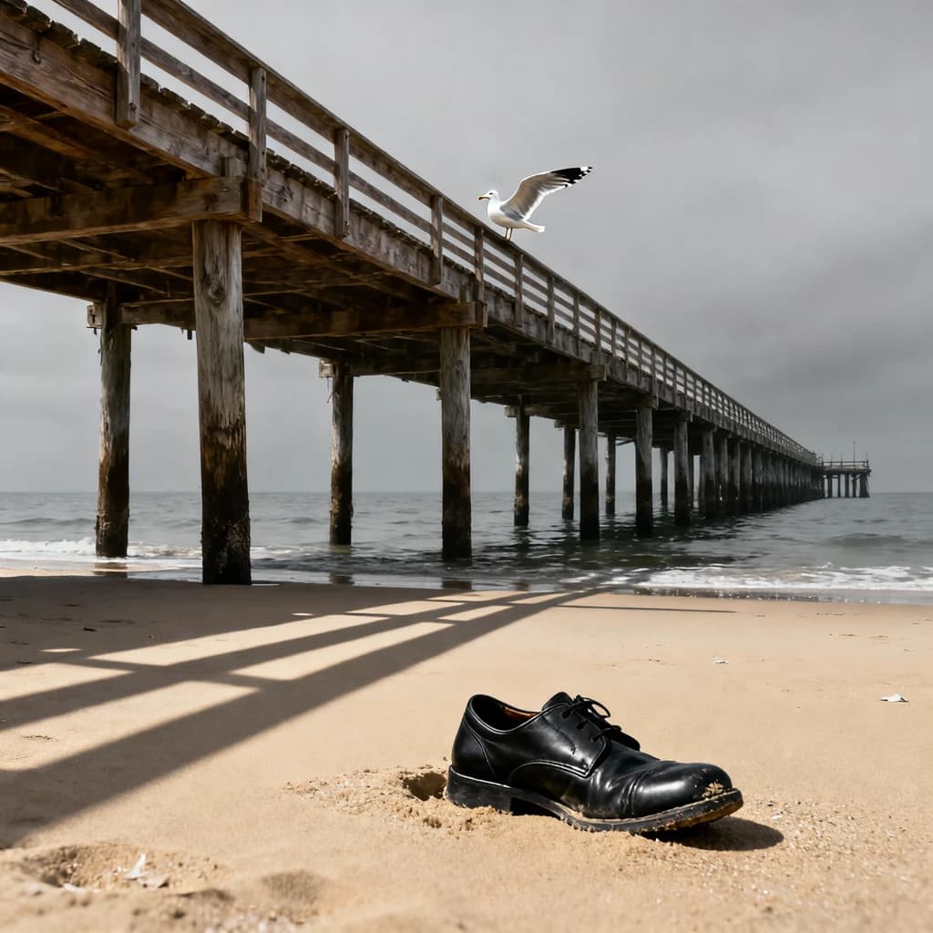 The beach is flat, sand beige, granular, no shells, except for a single left shoe, black leather, size eleven, half buried at an angle. The pier extends straight into the water, wood untreated, grain visible, though the support posts vanish before they touch the surface. The sky is uniformly gray, no clouds, yet shadows stretch at sharp diagonals. A single gull sits on the railing, wings outstretched, frozen mid-flap, no movement.