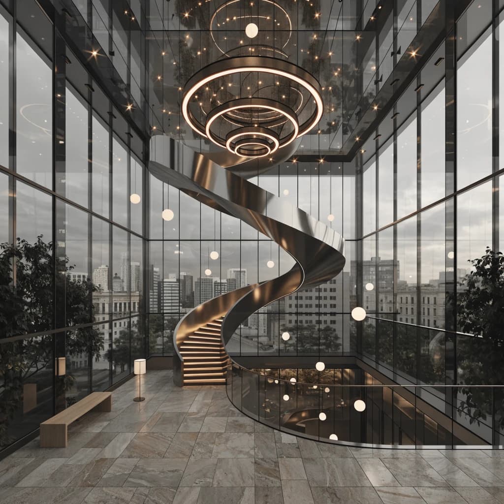 Isometric 3D lobby, glass walls, warm lights, slightly moody, soft shadows.