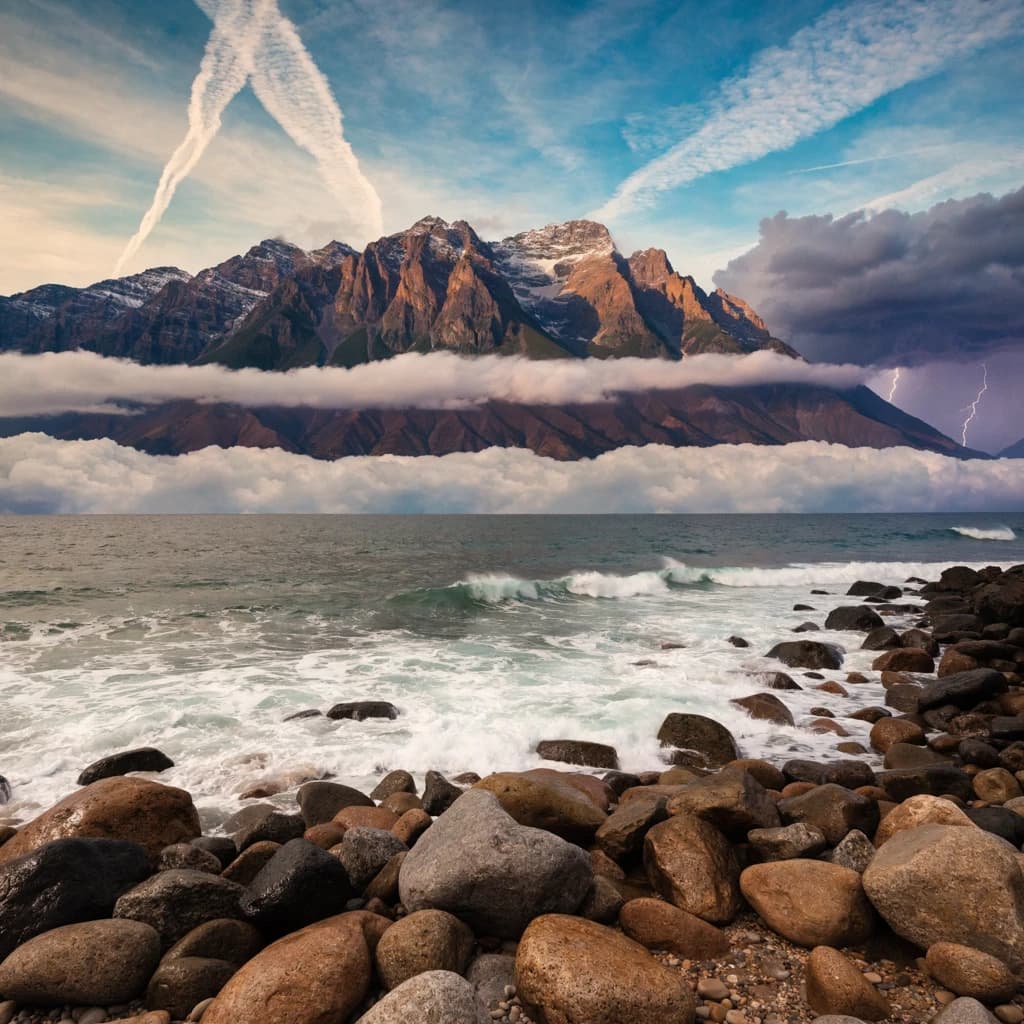 A stunning mountain vista pokes through the cloud top. Contrails from a distant airplane linger in the air. In the foreground there is a stony beach with foamy seas. A thunder storm is visibile in the distant right.