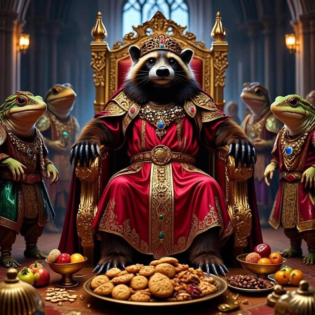 Big Weasel, the tyrannical ruler of the Levitus, slouches on his throne, his mood foul but somewhat brightened by the sight of gifts - a wearisome group of lizard traders adorned in fine silks proceed toward him through the hall with their annual tribute of biscuits, ham and gold - Big Weasel's favourites. Big Weasel's entourage looks on with stern approval.