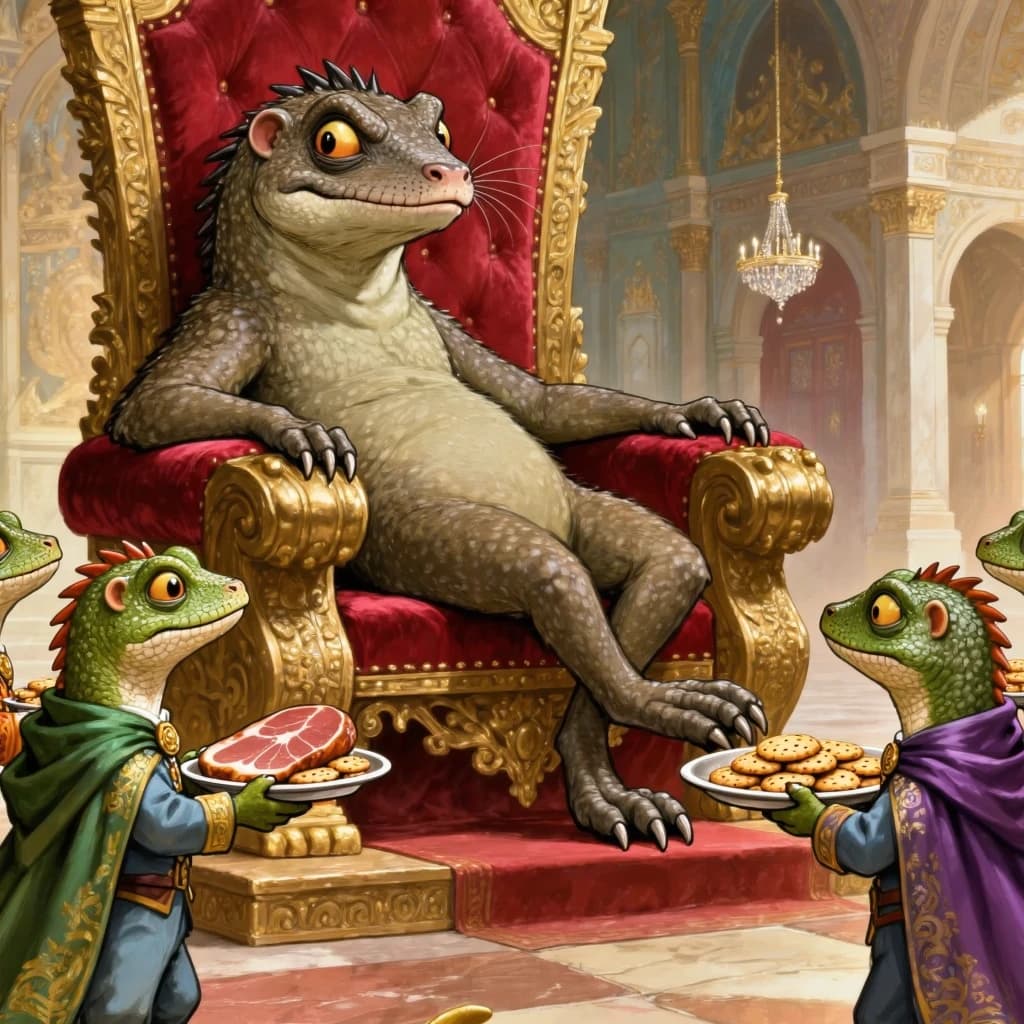 Big Weasel, the tyrannical ruler of the Levitus, slouches on his throne, his mood foul but somewhat brightened by the sight of gifts - a wearisome group of lizard traders adorned in fine silks proceed toward him through the hall with their annual tribute of biscuits, ham and gold - Big Weasel's favourites. Big Weasel's entourage looks on with stern approval.