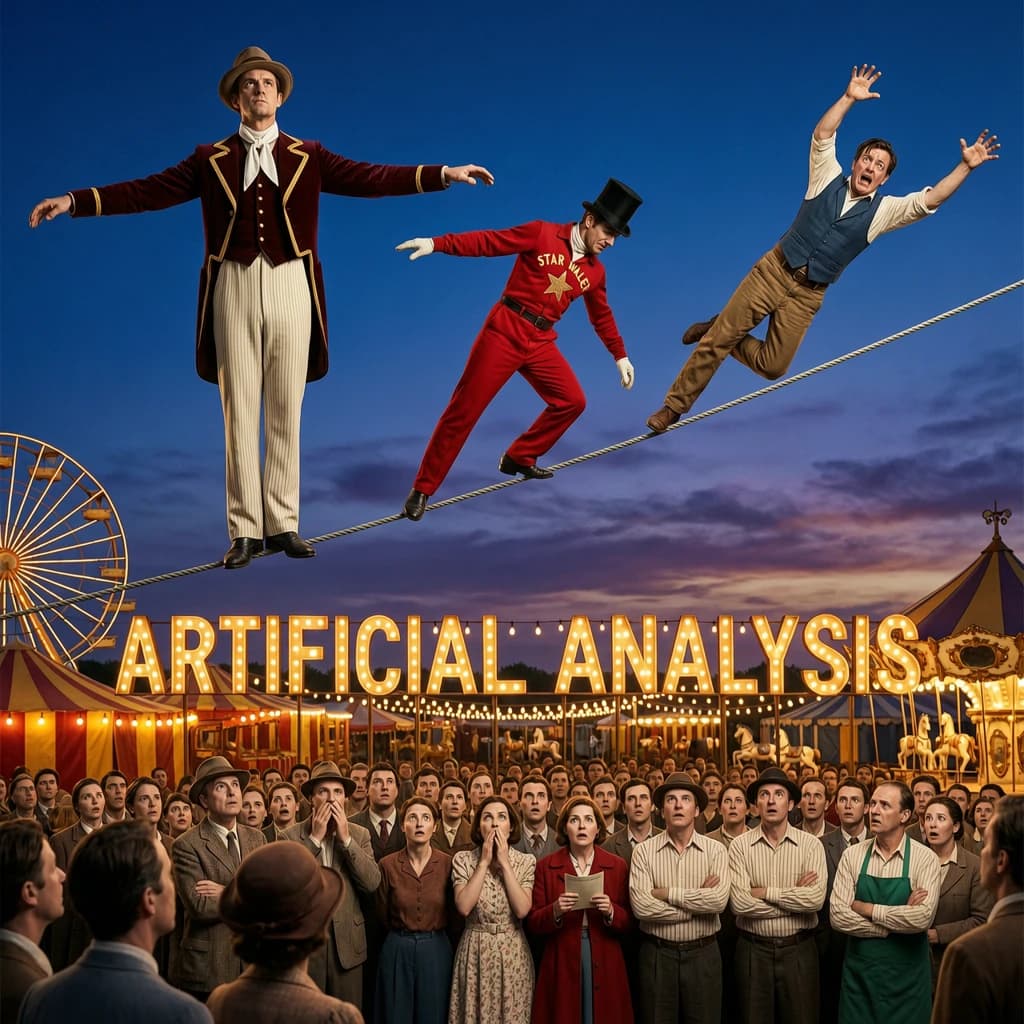 At dusk, high above a carnival crowd, three tightrope walkers balance on a single rope with no aids, one is off balance and grabbing at air. Below, the audience looks upward with baited anticipation. Artificial Analysis is spelled out in the background in carnival lights