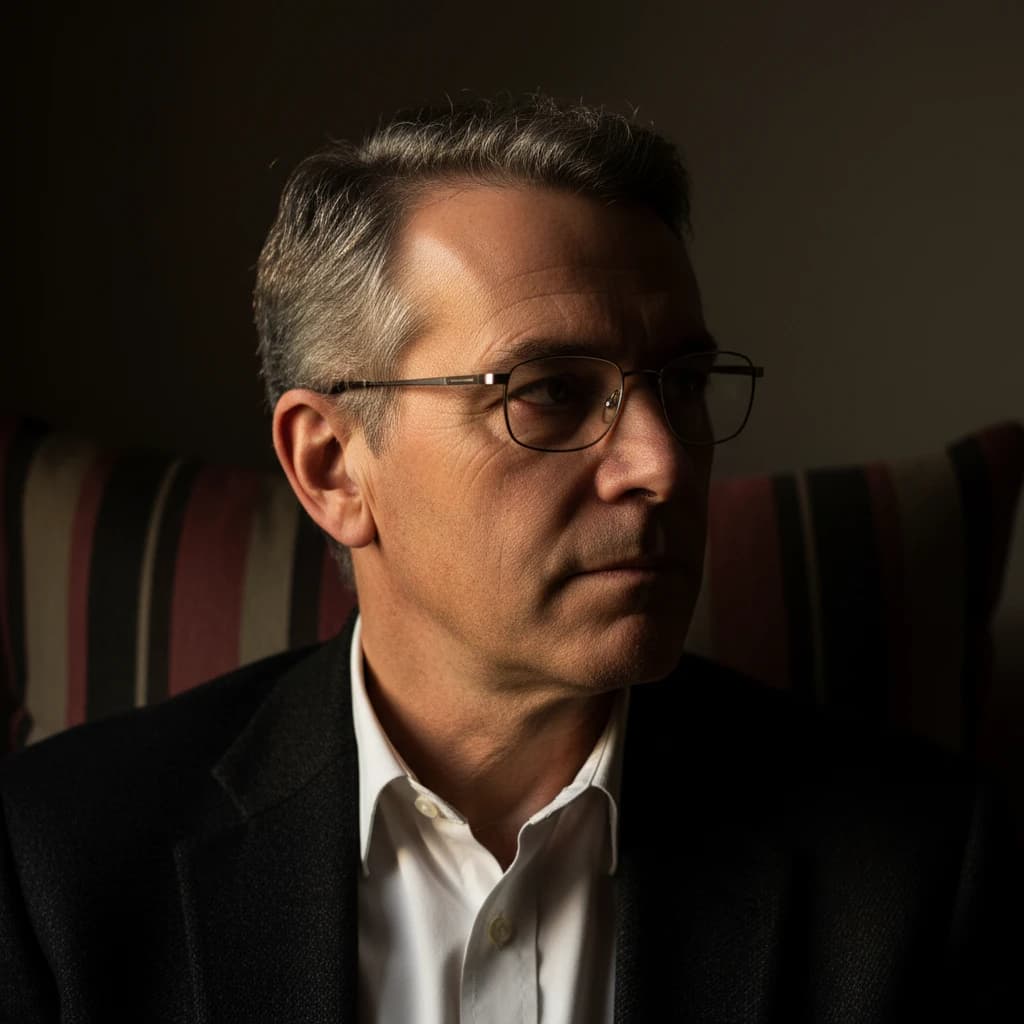 A sharply lit portrait of a middle-aged man wearing thin-rimmed glasses and a dark jacket over a white collared shirt. He gazes intently to the side, his face half illuminated by warm light while the background recedes into deep shadow. The expression is thoughtful, almost wary, as if caught mid-conversation. Behind him, a striped cushion in muted reds and blacks adds subtle texture, contrasting with the crisp highlights on his forehead and glasses. The overall mood is contemplative and cinematic, balancing warmth with tension.