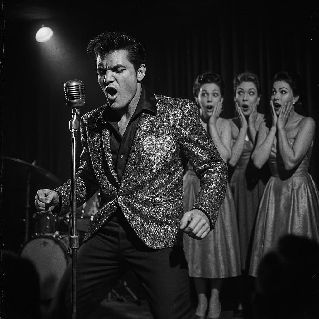 An archival image from 1953 of the rock singer swinging his hips on the stage while glamorous back up singers feign shock at his gyrations! He wears a diamond encrusted jacket with the stones arranged in the shape of a heart