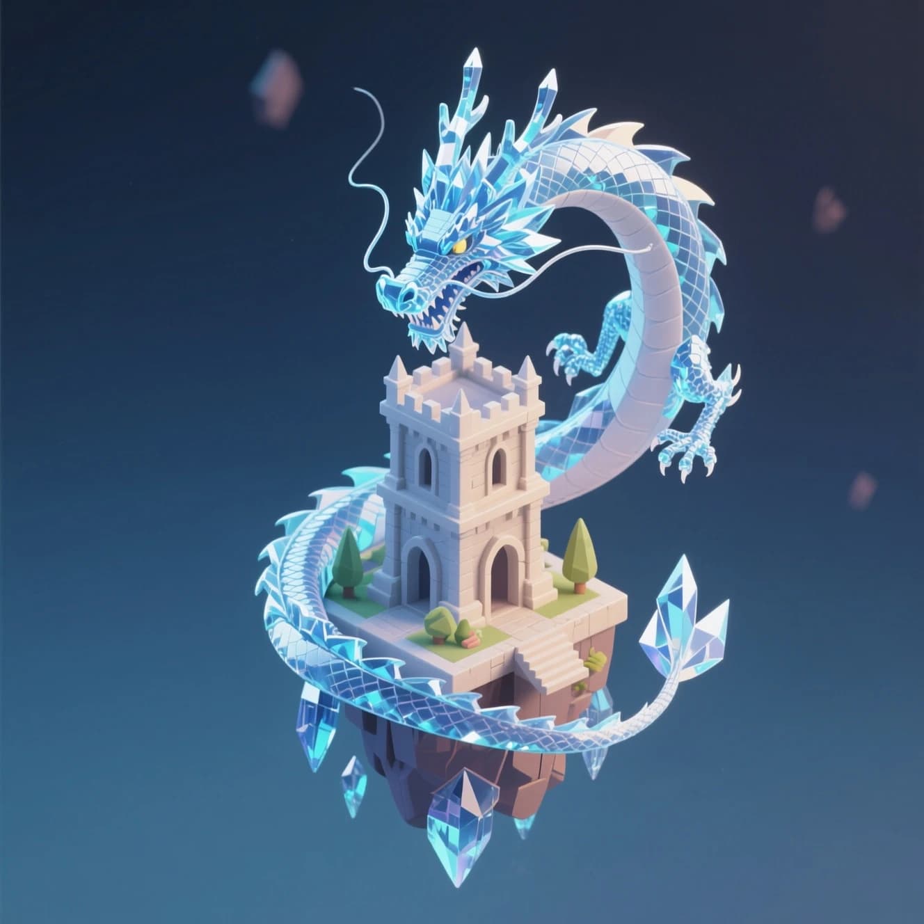 Render an isometric 3D crystal dragon circling a floating tower.