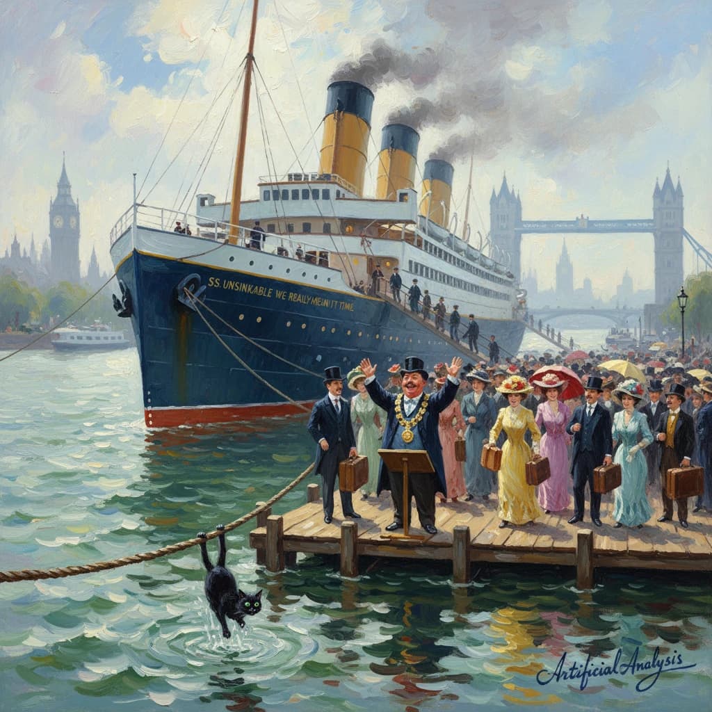 An impressionistic painting of the mighty steamer the "SS Unsinkable We Really Mean It This Time" on a cloudy but bright London morning about to set out on her maiden voyage. A jubilant crowd is gathered on the dock around the paunchy mayor who is making a speech, gesticulating wildly with his hands. The gangways are busy with well heeled ladies and gentlemen making their way onto the ship. A cheeky cat hangs over the water, clinging to the mooring rope after an ill-fated attempt to climb up. The artist has signed his name "Artificial Analysis" in the bottom corner
