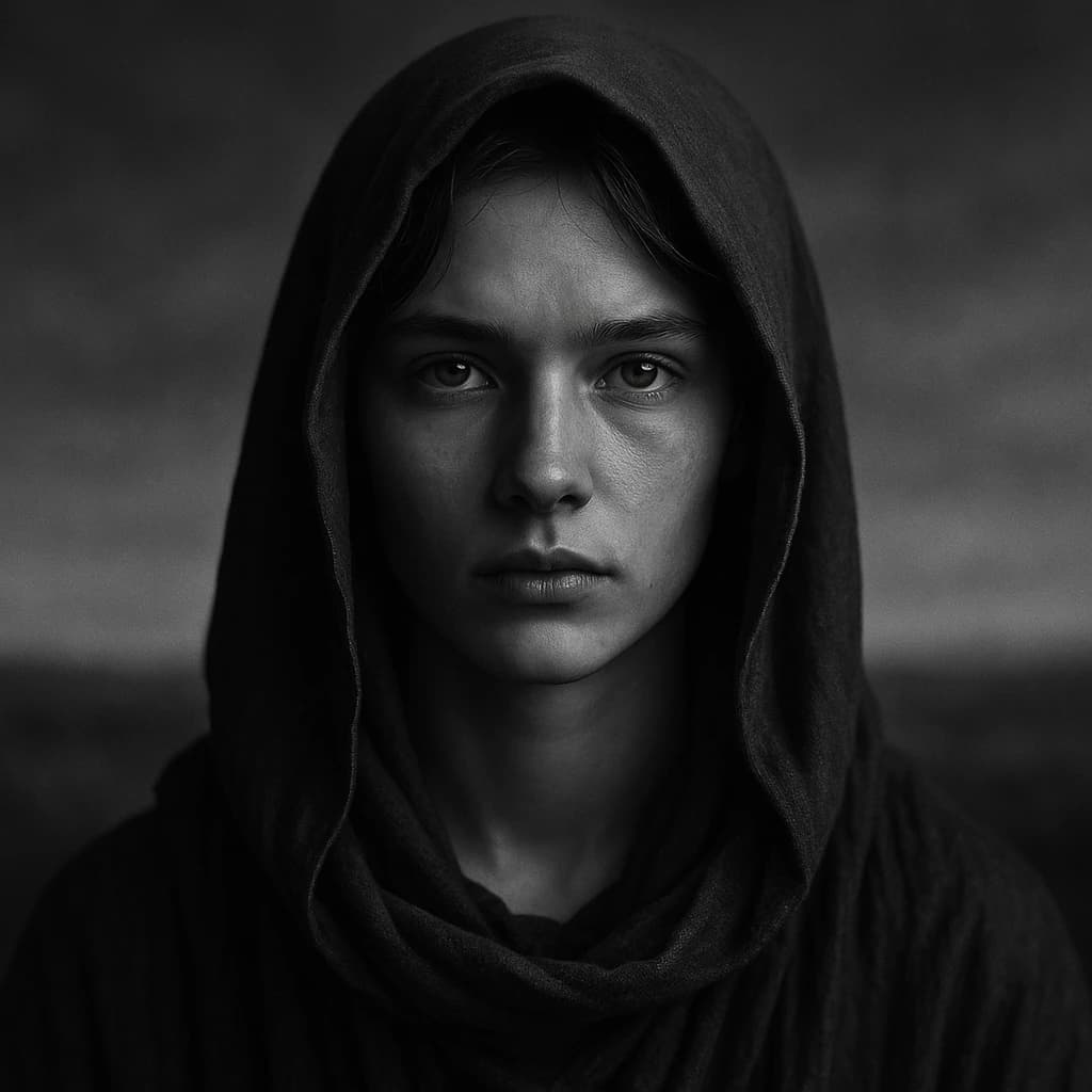 A dramatic black-and-white portrait of a young person draped in a hooded garment, their face framed by the hood's dark folds. Their skin tone and the subtle sheen on their cheeks create striking tonal contrast against the deep shadows. Their eyes are piercing, looking directly into the lens with a calm, steady intensity—neither confrontational nor submissive, but deeply present. The texture of the fabric is visible: it's dense, slightly weathered, and whisper-thin creases catch the light. In the background, an expansive, out-of-focus landscape suggests open space—perhaps distant plains or water—though the details remain soft and abstract. The overall mood is silent yet powerful, poised between vulnerability and resilience, with every highlight and shadow telling part of their story.