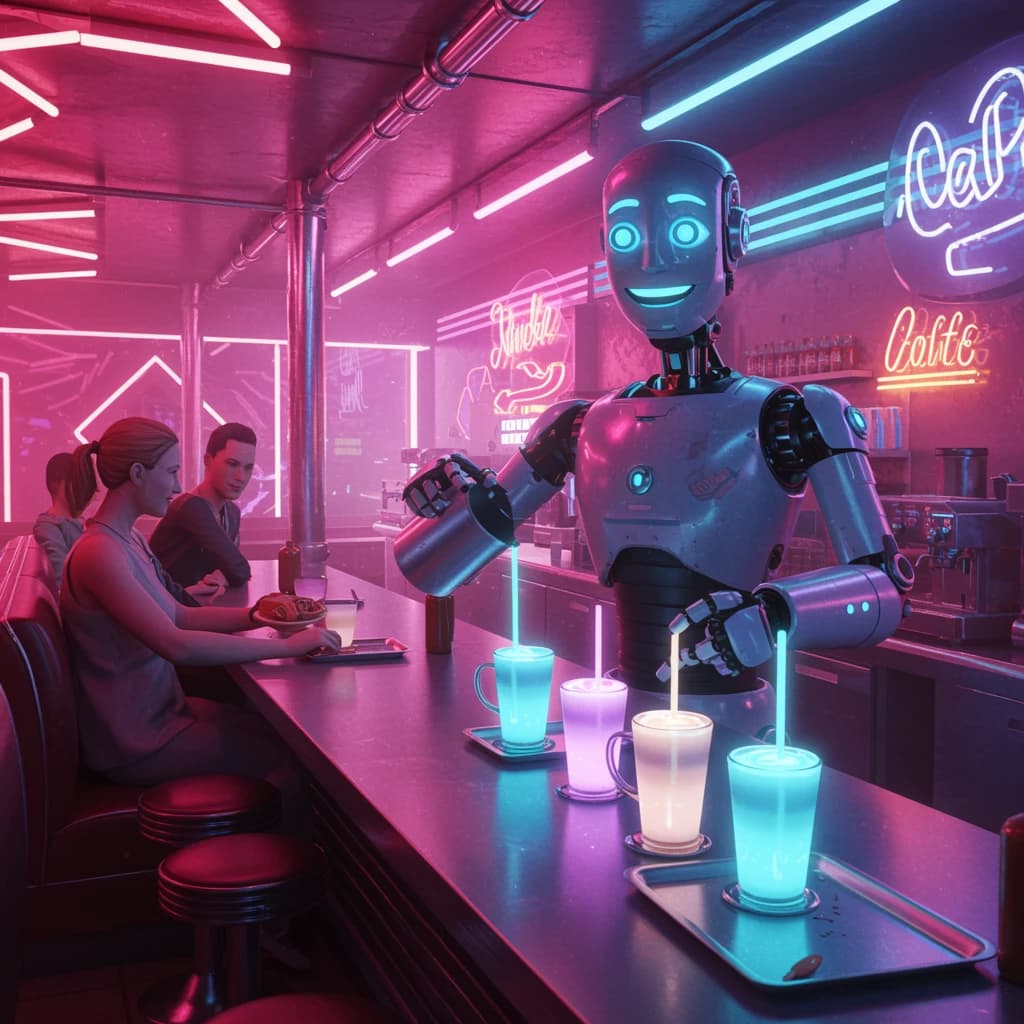 A smiling robot barista serves glowing lattes in a neon diner with bold lines.
