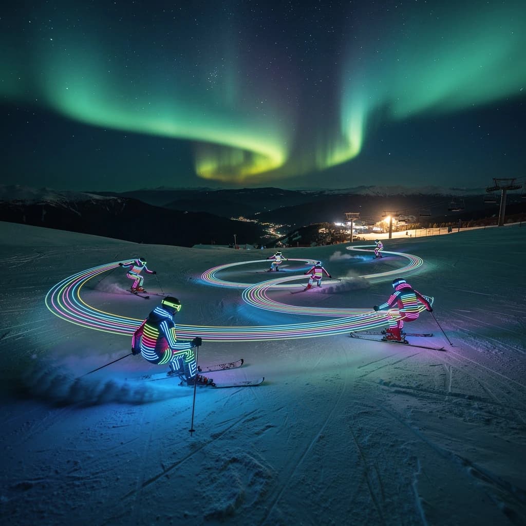 Coronet Peak Night Skiing: Skiers in colorful LED suits carve their way down the slopes of New Zealand's Coronet Peak under the Aurora Borealis, the skiers' light trails visible behind them