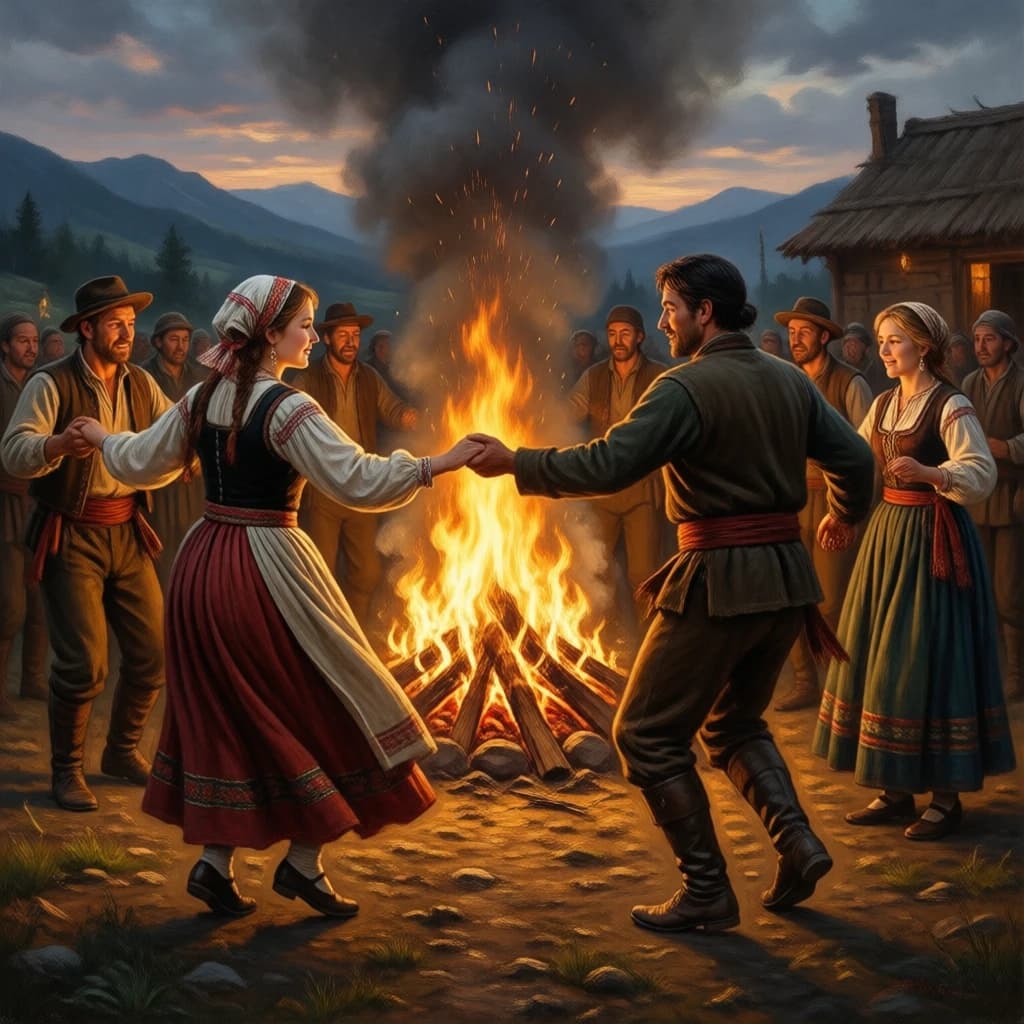 Make an oil painting of villagers dancing by a bonfire at dusk, a bit smoky.