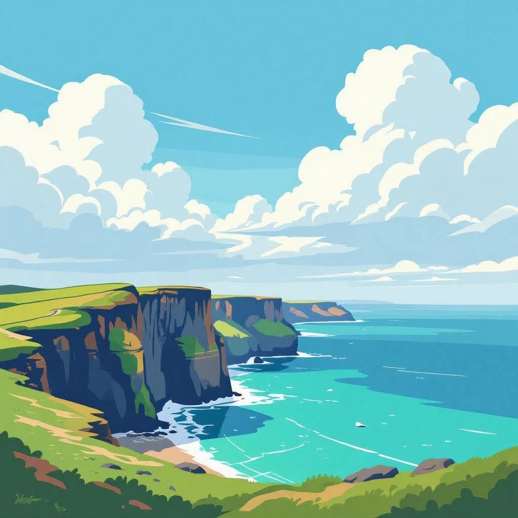 Bright cliffs over teal sea, fat clouds, bold outlines and flat shading.
