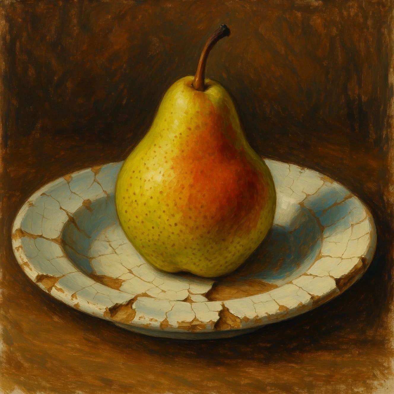 A gouache still life of pears on a chipped plate.