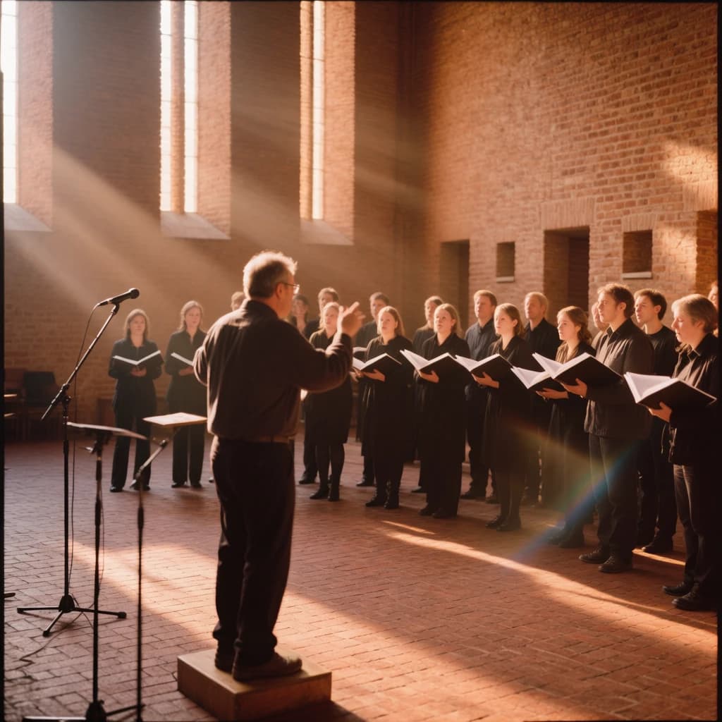 A choir rehearses in a brick hall as somewhat dramatic morning light falls through high windows, with a patient conductor mid-gesture, open scores, intent faces, slight motion blur.