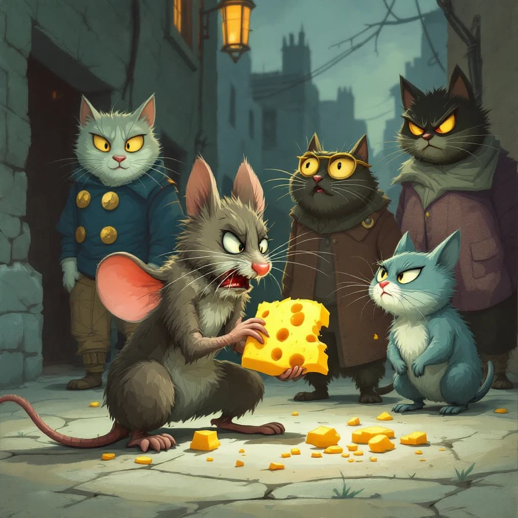 The cartoon rat clenches his thin wedge of cheese and trembles in fear as he hides from the menacing Jellicles, the roaming cat motorcycle gang, all wearing their colors with the name on the back. The cats have all drunk far too much milk and are causing a big ruckus! One cat is close to finding the rat