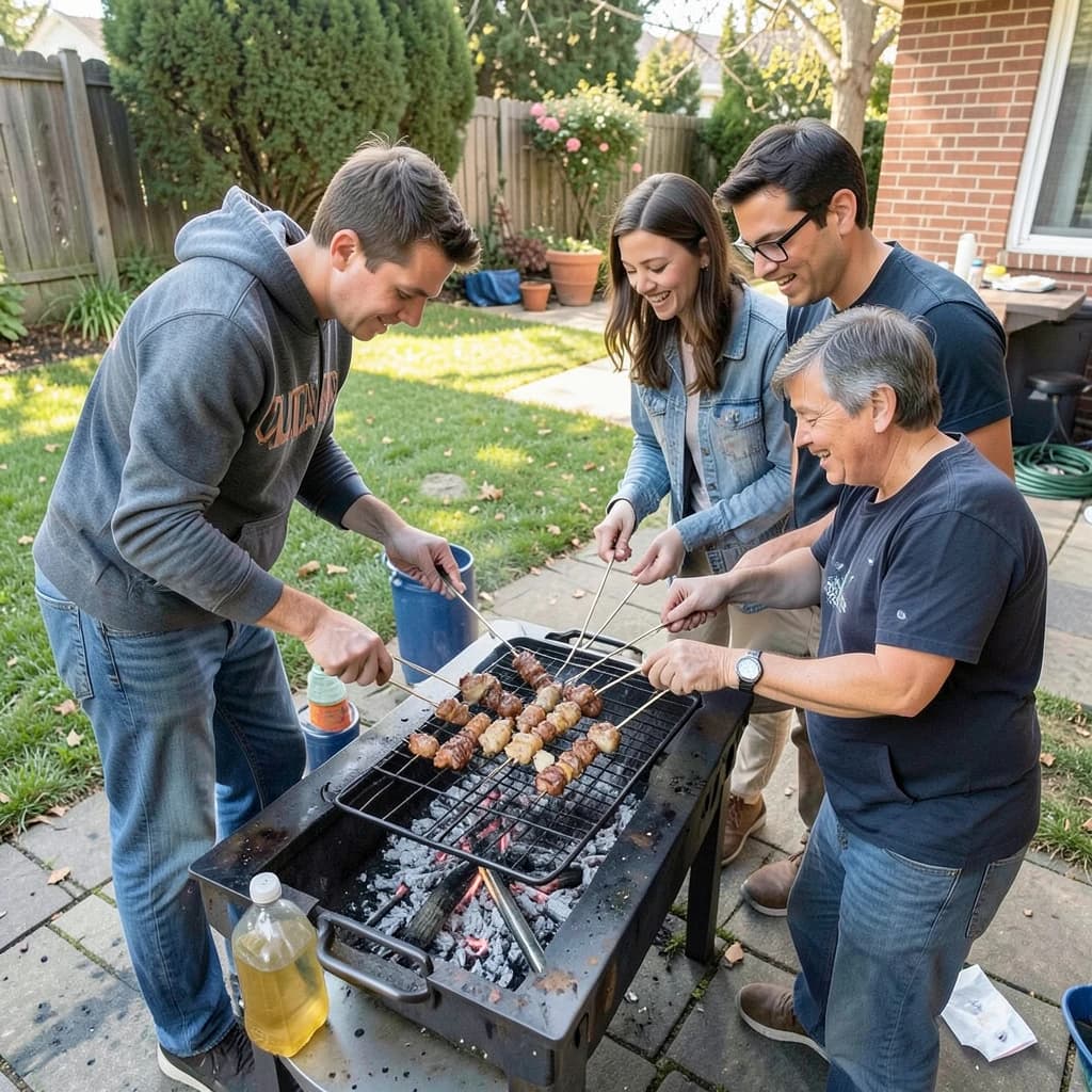 Friends grill skewers on a slightly messy patio.