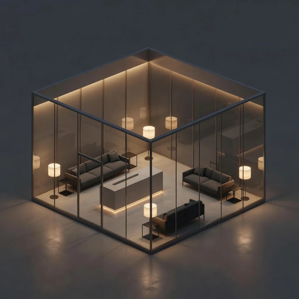 Isometric 3D lobby, glass walls, warm lights, slightly moody, soft shadows.