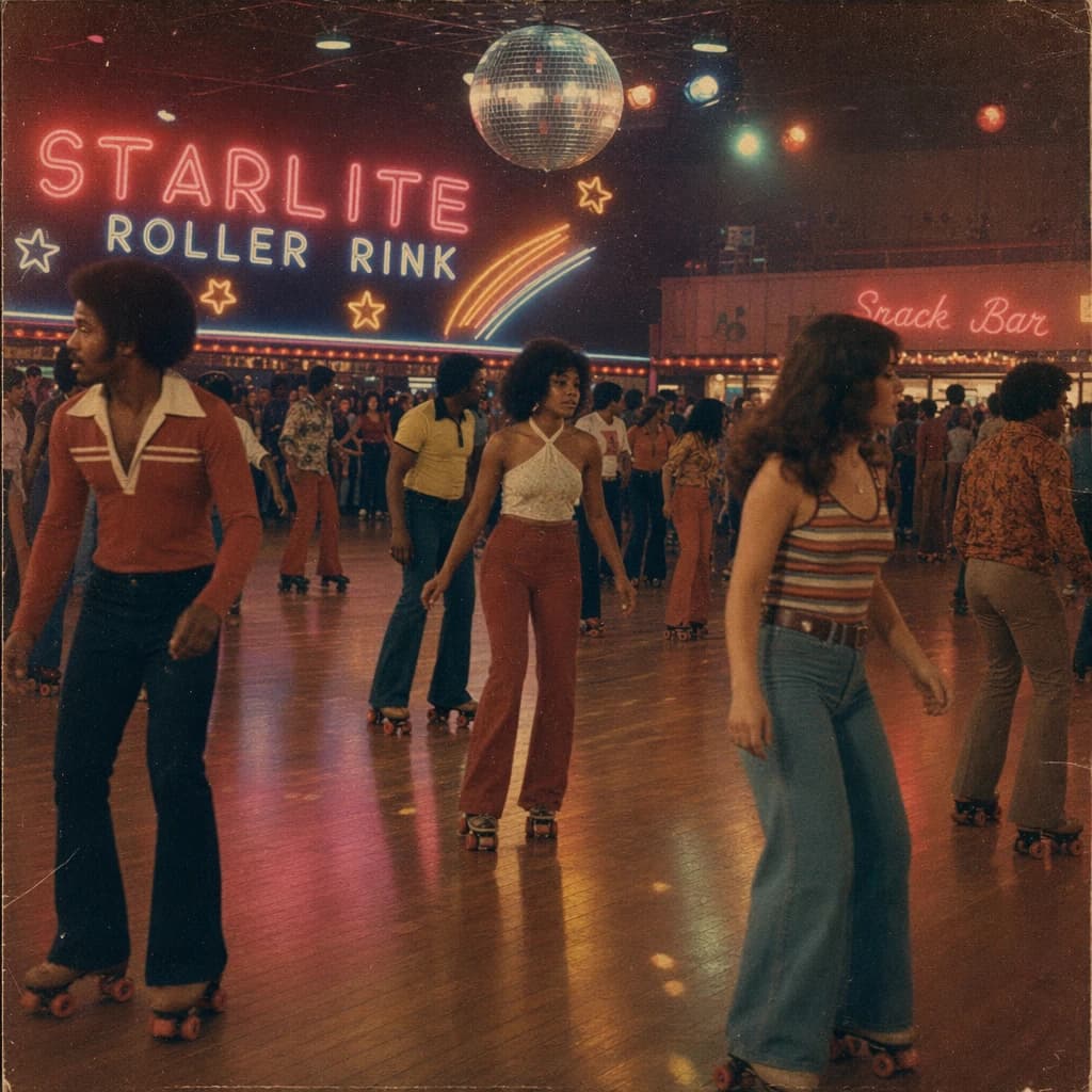 A 1970s roller rink crowd skates under neon, with a bit of fade and film grain.
