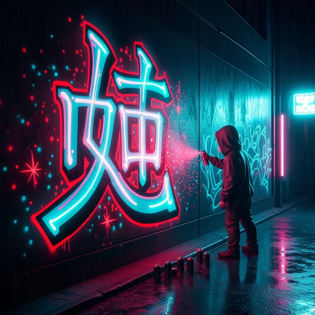 Chibi artist sprays huge neon kanji on a rainy alley wall, with sparkles.