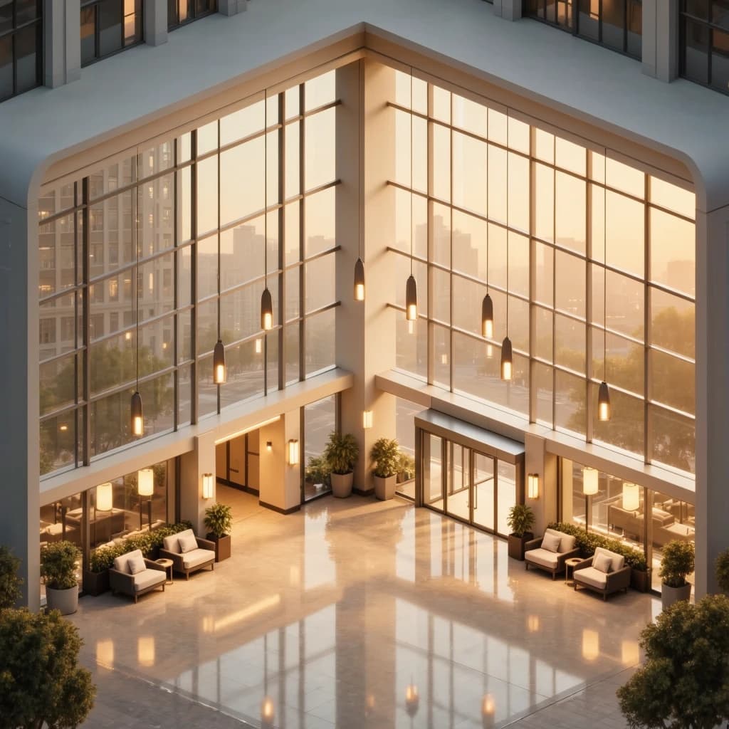 Isometric 3D lobby, glass walls, warm lights, slightly moody, soft shadows.