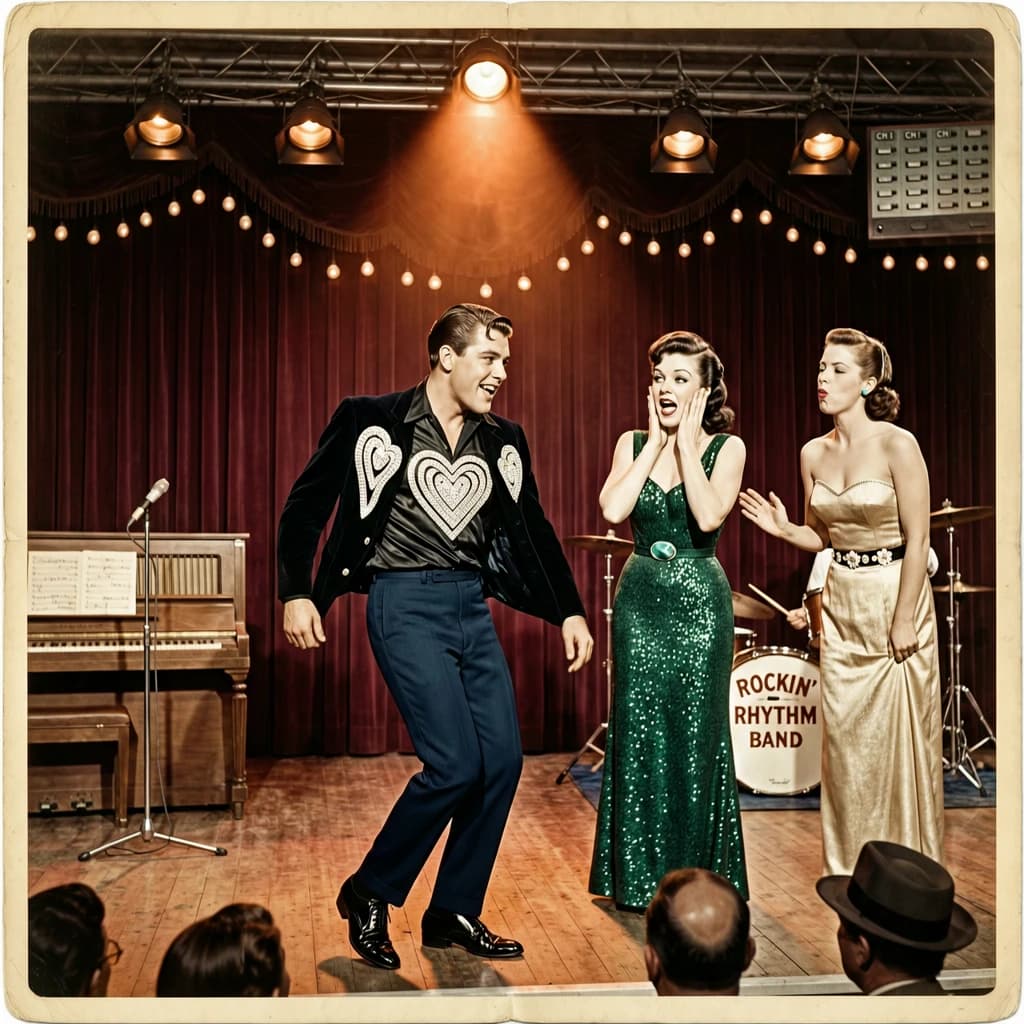 An archival image from 1953 of the rock singer swinging his hips on the stage while glamorous back up singers feign shock at his gyrations! He wears a diamond encrusted jacket with the stones arranged in the shape of a heart