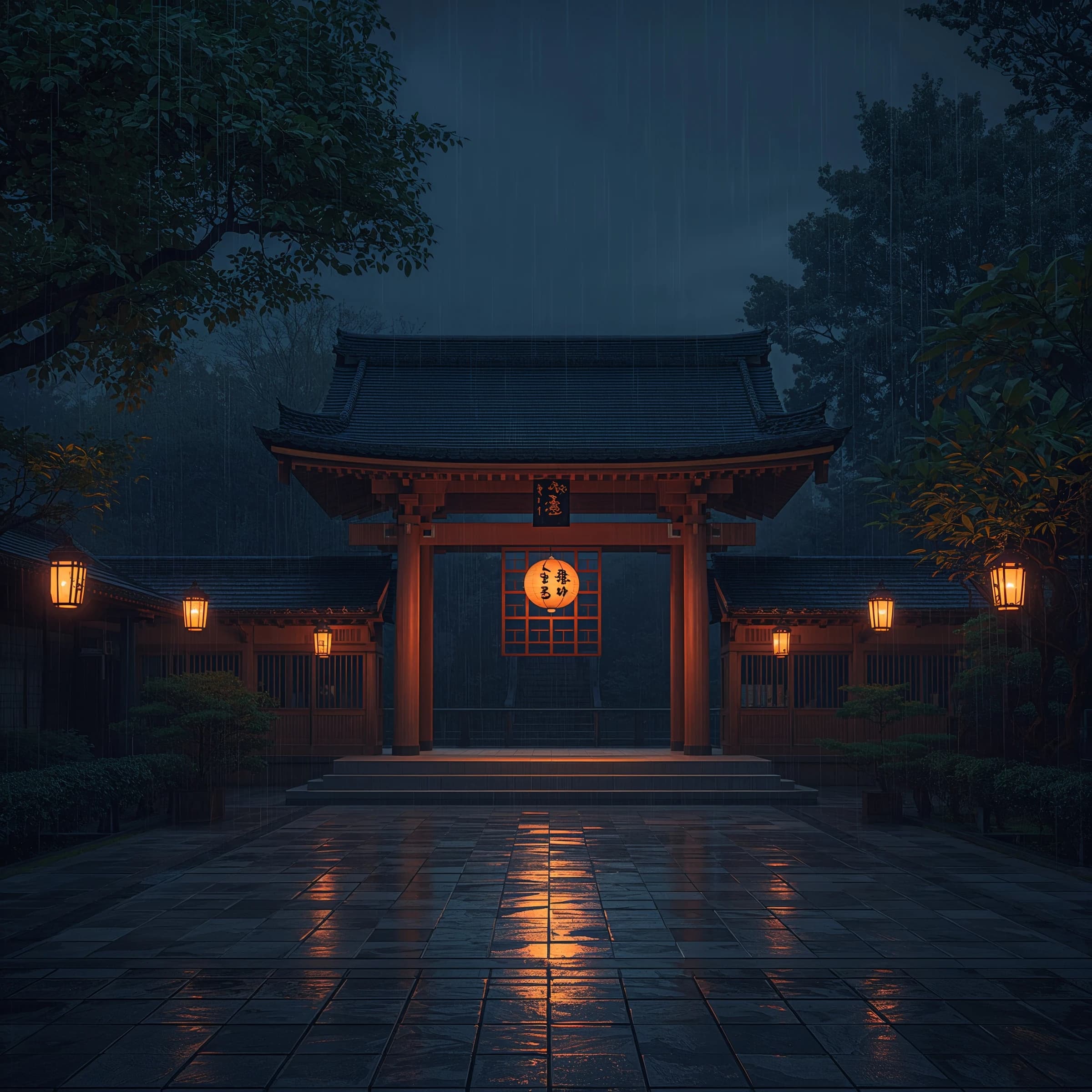 Lantern-lit shrine courtyard at night, cel-shaded, soft glow, drizzle.