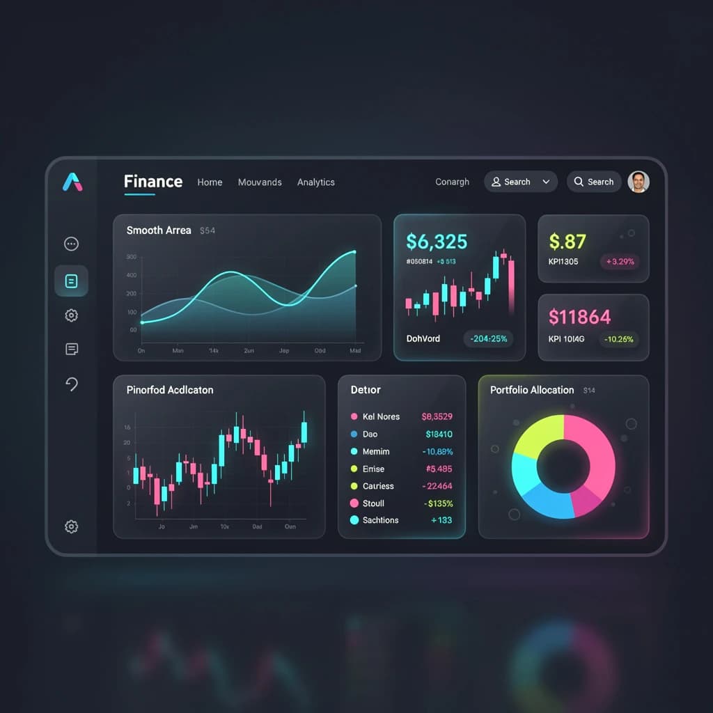 Make a dark mode finance dashboard with charts, glassmorphism, soft neon glow.