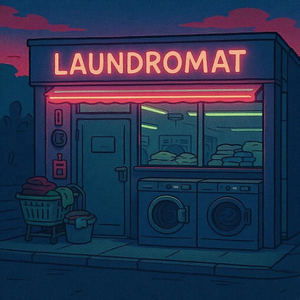 A cozy laundromat at dusk, neon humming, flat colors, bold inked lines.