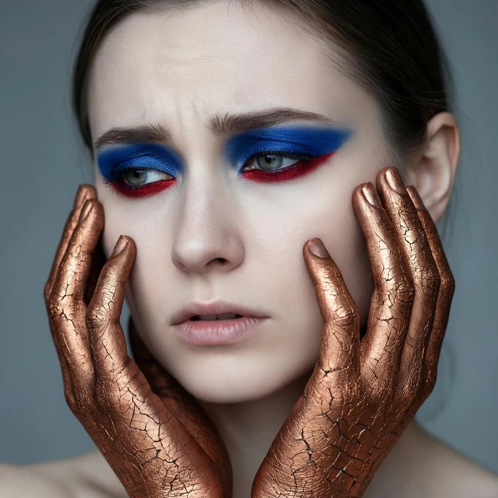 A striking close-up portrait of a woman with cracked metallic copper-painted hands framing her face. Her vivid blue and red eye makeup contrasts sharply with the smooth, pale skin and muted background, creating a bold, surreal composition. She displays an air of uncertainty about her
