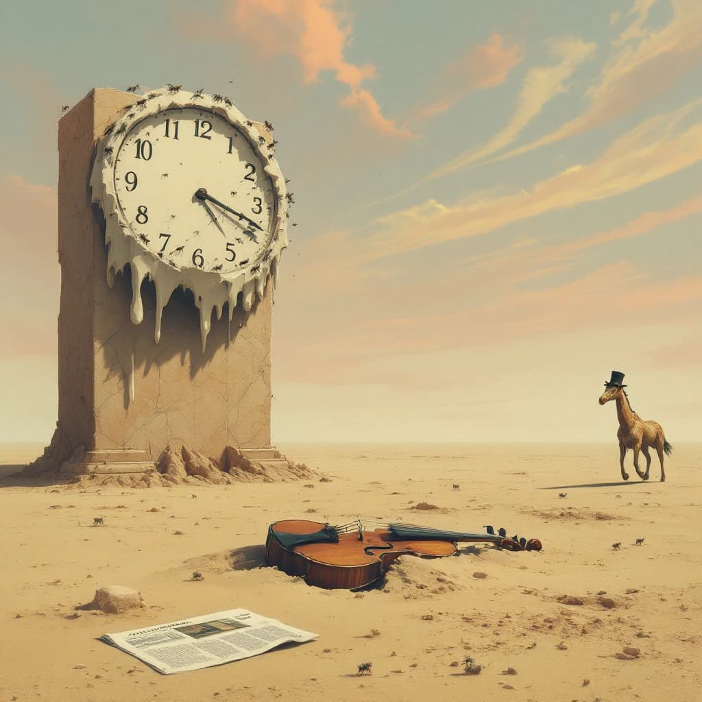 A vast desert plain stretches endlessly under a sky streaked with pale pink and ochre clouds. In the center stands a colossal clock, its face drooping and melting over the edge of a broken marble column. Ants swarm across its warped surface, glinting in the harsh sunlight. To the right, a horse with a giraffe like neck wearing a top hat strides toward the horizon, its shadow stretching miles across the sand. A cracked violin lies half-buried in the foreground, strings snapping outward like veins. Painted in the dreamlike surrealist style. A newspaper named the "Artificial Analysis Daily" lies on the Floor.