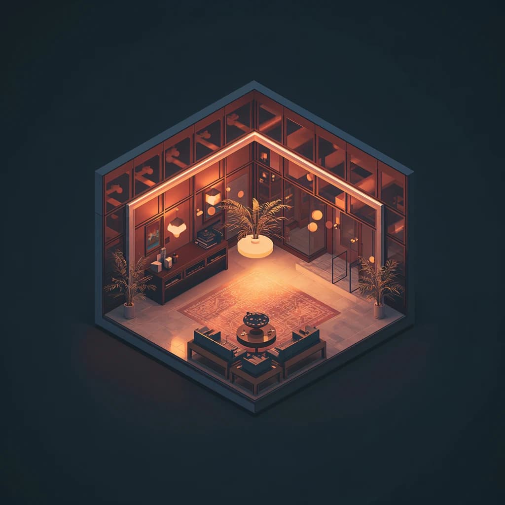 Isometric 3D lobby, glass walls, warm lights, slightly moody, soft shadows.