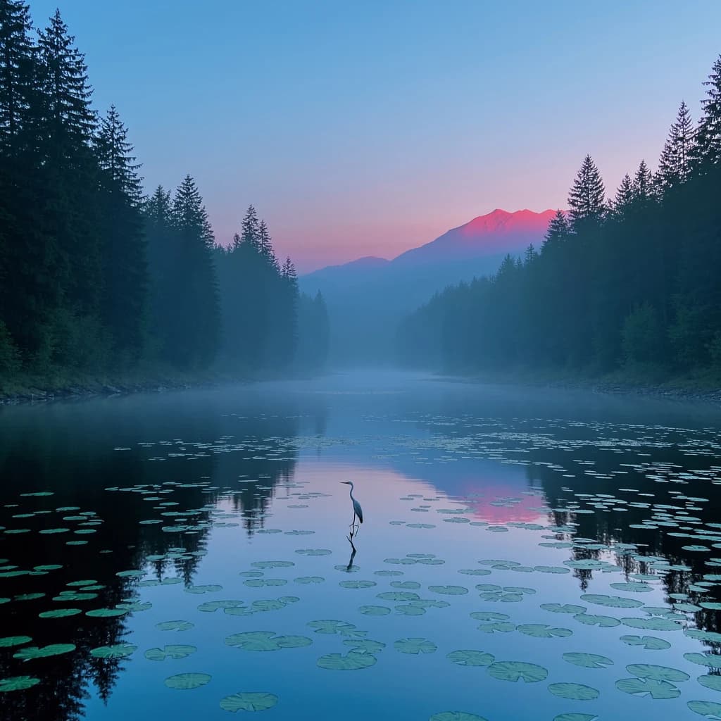 With pre-dawn mist along a cedar forest river and glassy water dotted with lily pads, distant mountains blush pink, and a heron stands still like it forgot what to do next.