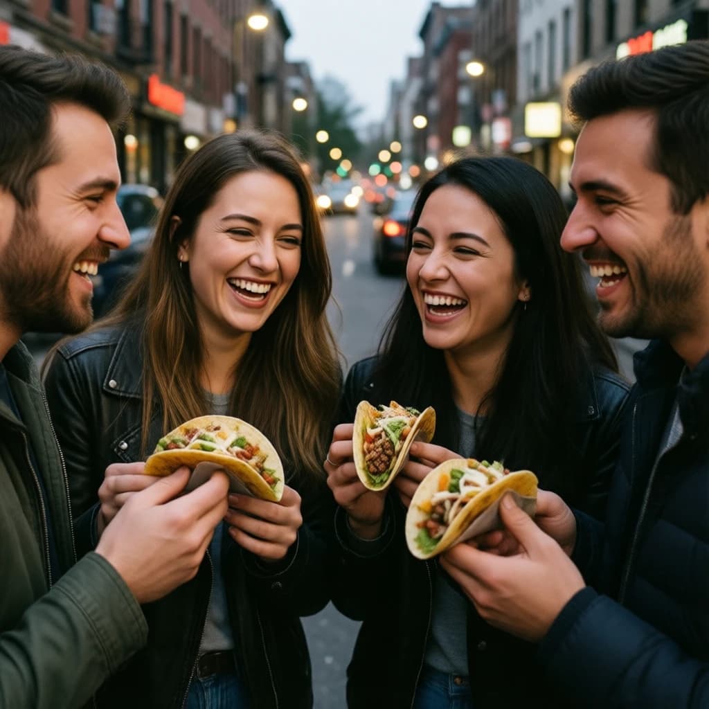 Friends laugh over street tacos at dusk, candid, shallow depth.