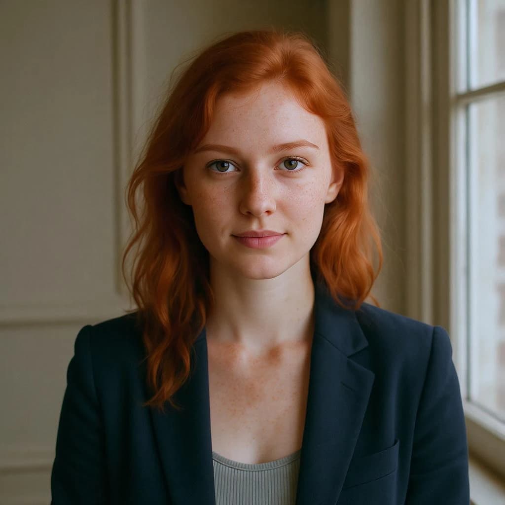 Capture a head-and-shoulders portrait of a freckled red-haired violinist in a navy blazer, soft window light, 85mm at f/1.8, gently smiling yet serious eyes, muted tones.