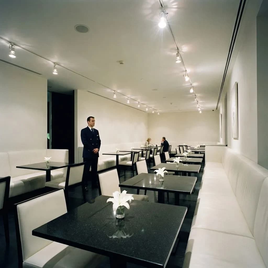 The place is almost empty. The banquettes are covered in white leather, the tables black granite, and the entire room is bathed in halogen track lighting that seems too bright. The maître d’ wears a double-breasted wool crepe jacket. There are lilies on every table.