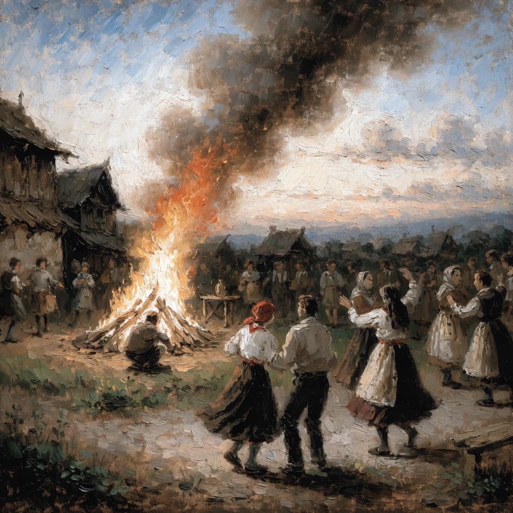 Make an oil painting of villagers dancing by a bonfire at dusk, a bit smoky.