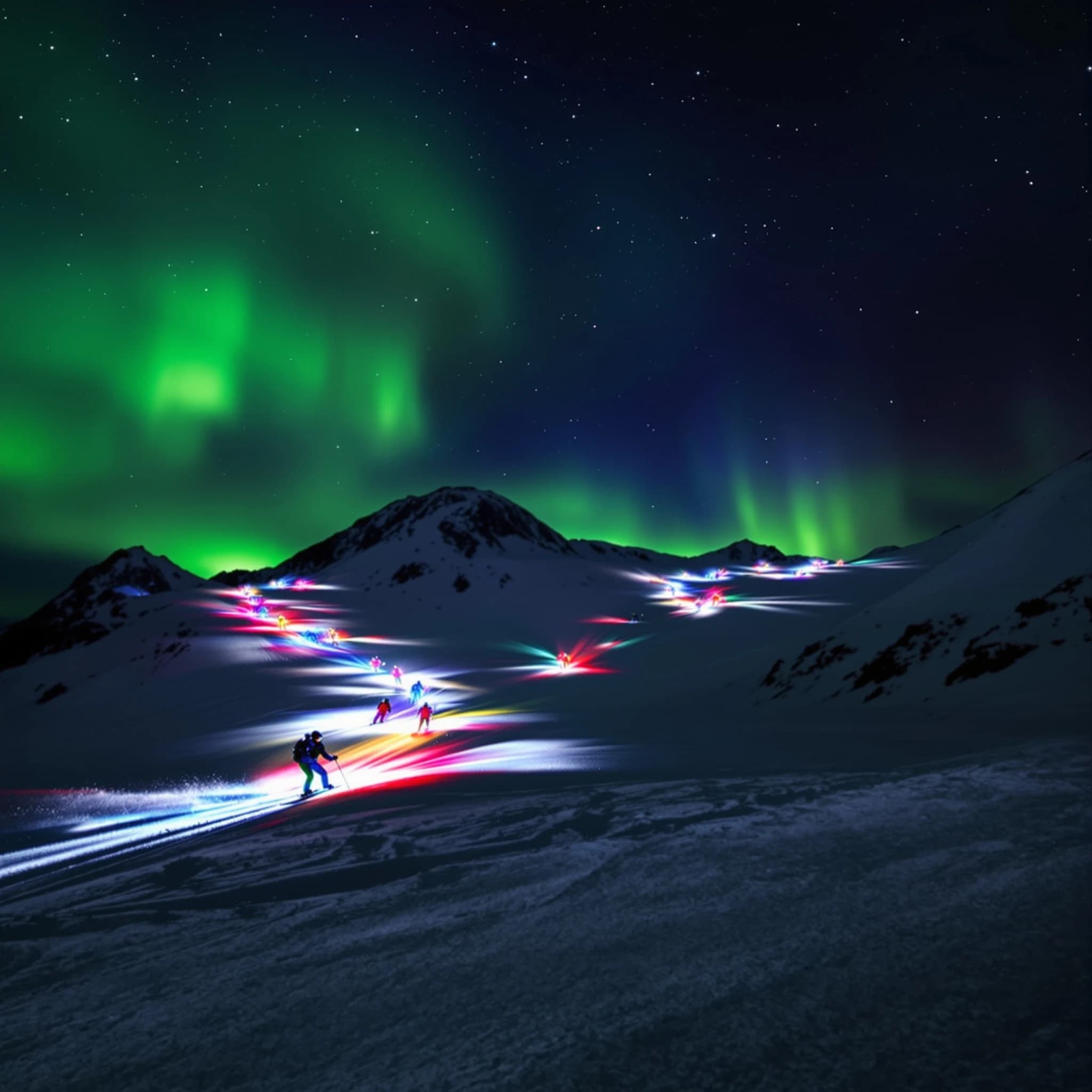 Coronet Peak Night Skiing: Skiers in colorful LED suits carve their way down the slopes of New Zealand's Coronet Peak under the Aurora Borealis, the skiers' light trails visible behind them
