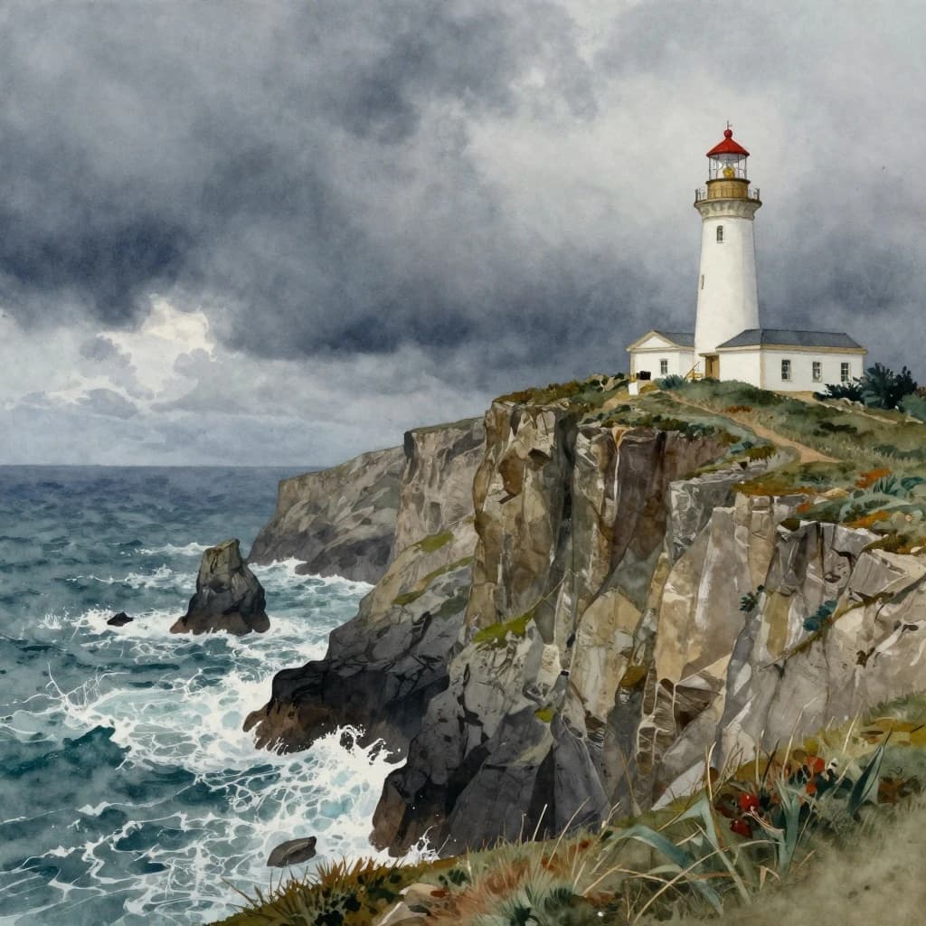 Please paint a watercolor of stormy cliffs and a lighthouse, moody sky.