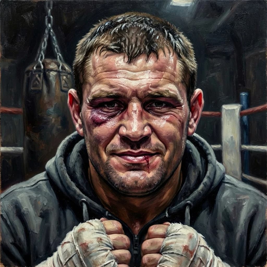 Paint a bruised boxer smiling, serious expression.