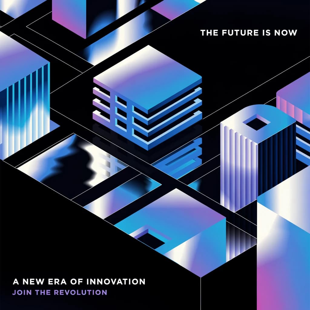 Render an isometric city poster with geometric buildings, neon gradients, gloss highlights, soft AO shadows, clean sans-serif lettering, grid layout, reflections a bit overexposed.