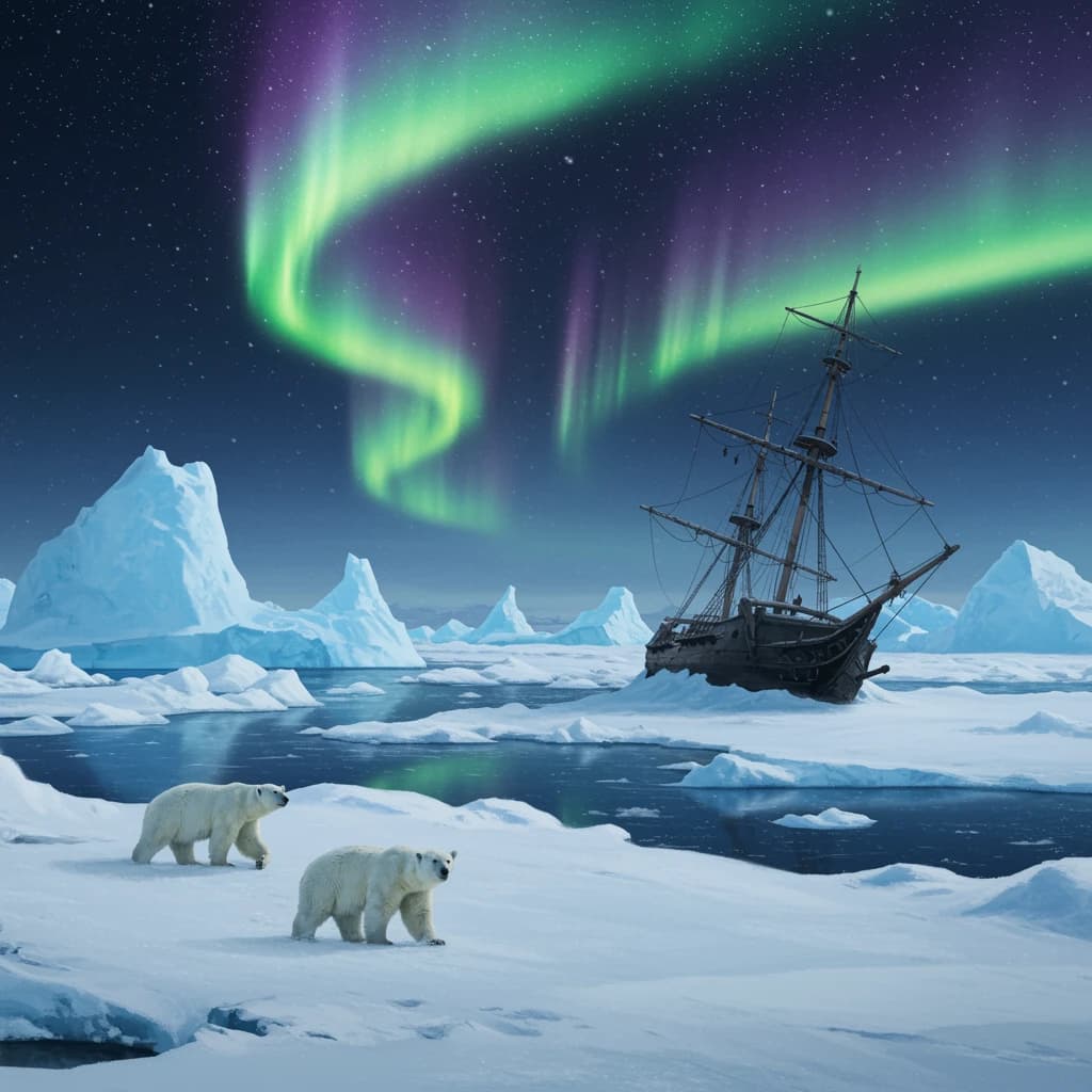 An endless tundra stretches outward, littered with jagged icebergs shaped like cathedral spires. A polar bear trudges across the foreground but leaves no tracks. Auroras ripple overhead. A half-buried shipwreck juts from the snow — sails billowing despite the still air.